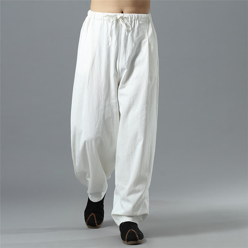 Buddha Stonesカジュアル 無地 ドローストリング コットン リネン メンズ パンツ ポケット付き - image 3