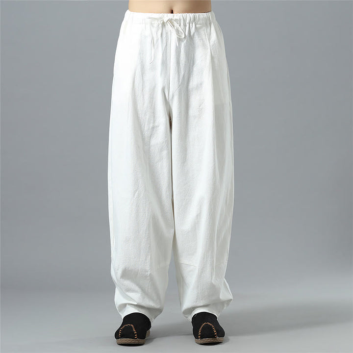Buddha Stonesカジュアル 無地 ドローストリング コットン リネン メンズ パンツ ポケット付き - 白 - US/UK/AU40、 EU50 (2XL) - image 1