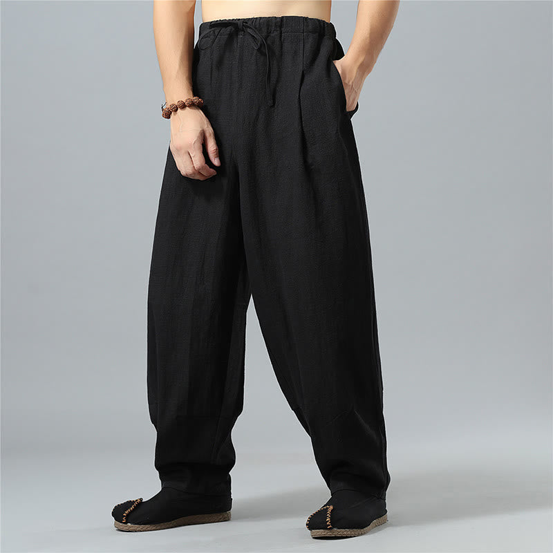 Buddha Stonesカジュアル 無地 ドローストリング コットン リネン メンズ パンツ ポケット付き - image 11