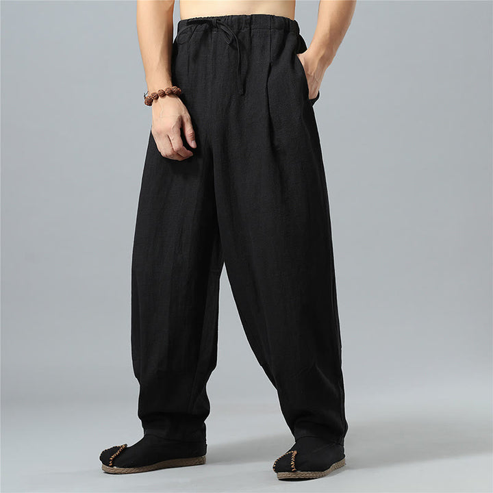 Buddha Stonesカジュアル 無地 ドローストリング コットン リネン メンズ パンツ ポケット付き - image 11