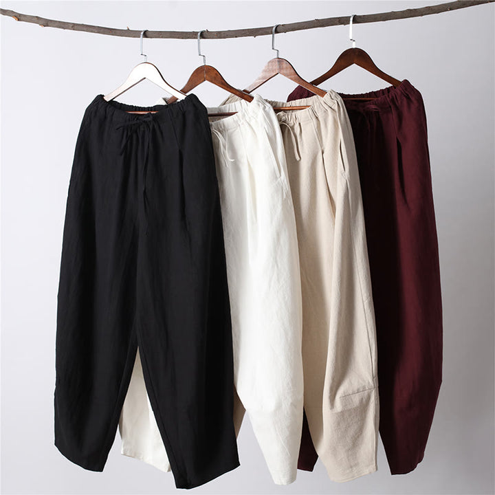 Buddha Stonesカジュアル 無地 ドローストリング コットン リネン メンズ パンツ ポケット付き - image 2