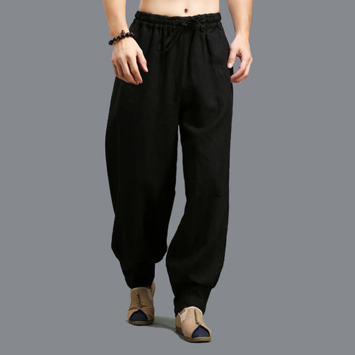 Buddha Stonesカジュアル 無地 伸縮性 ドローストリング ラミー リネン メンズ パンツ ポケット付き - image 16