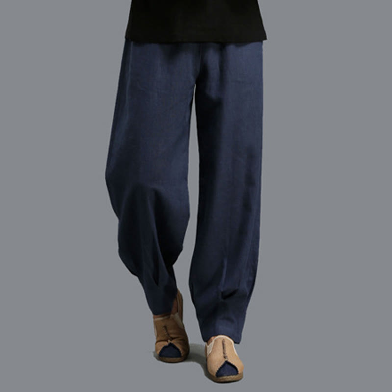 Buddha Stonesカジュアル 無地 伸縮性 ドローストリング ラミー リネン メンズ パンツ ポケット付き - image 10