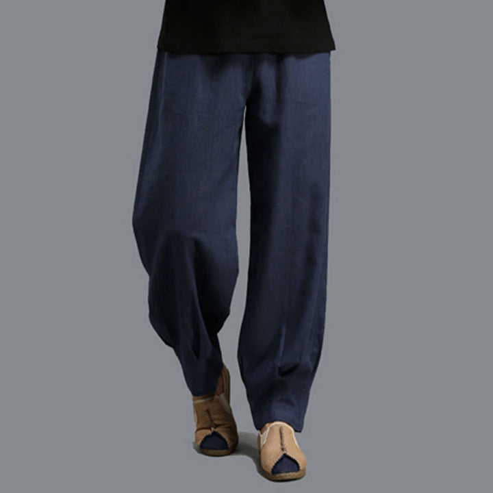 Buddha Stonesカジュアル 無地 伸縮性 ドローストリング ラミー リネン メンズ パンツ ポケット付き - image 10