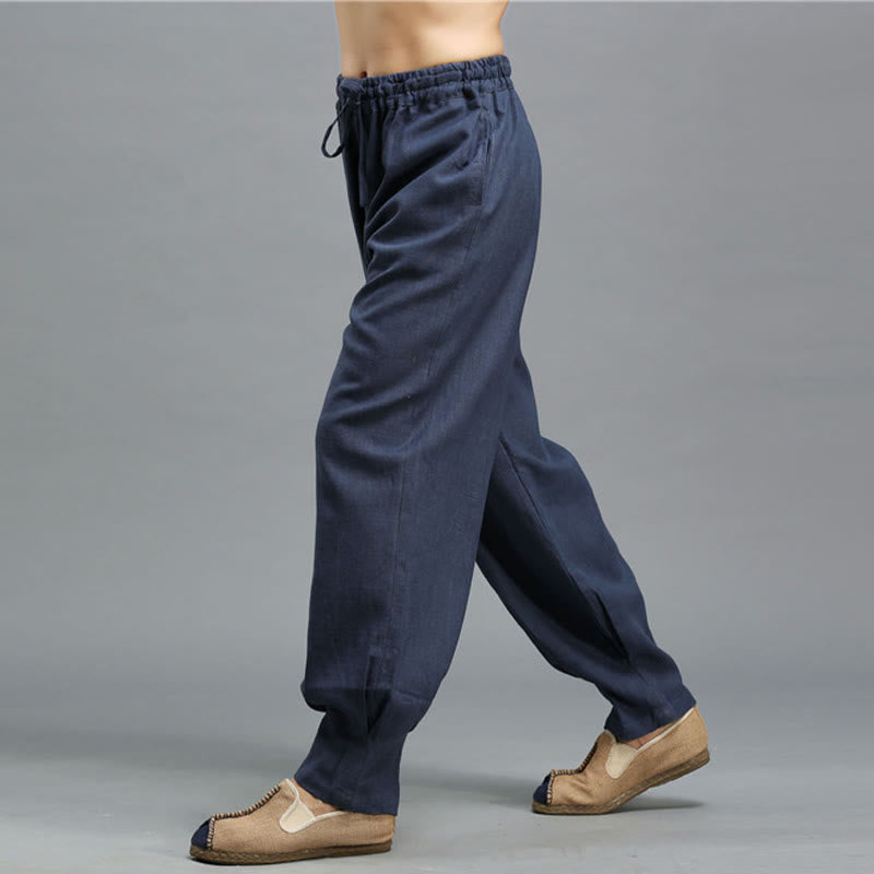 Buddha Stonesカジュアル 無地 伸縮性 ドローストリング ラミー リネン メンズ パンツ ポケット付き - image 7
