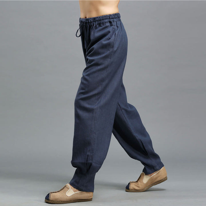 Buddha Stonesカジュアル 無地 伸縮性 ドローストリング ラミー リネン メンズ パンツ ポケット付き - image 7