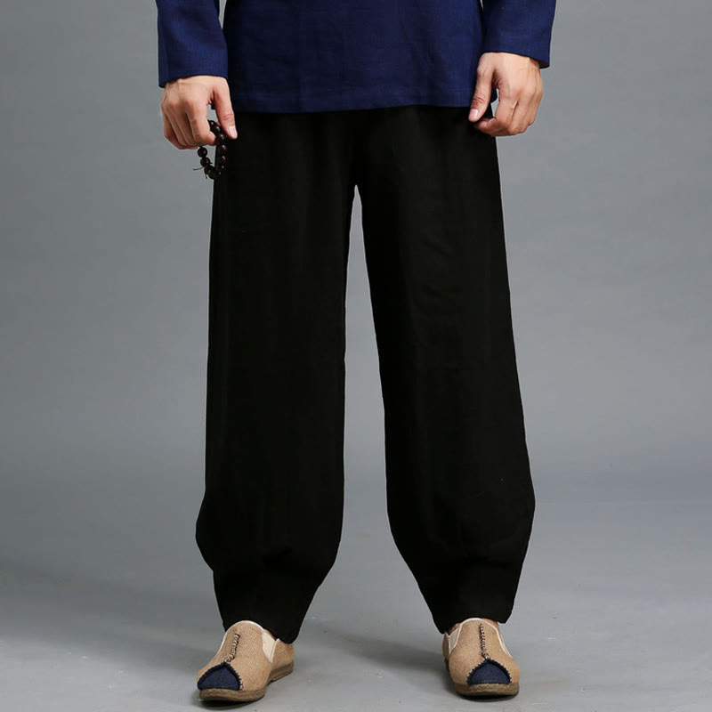 Buddha Stonesカジュアル 無地 伸縮性 ドローストリング ラミー リネン メンズ パンツ ポケット付き - image 19