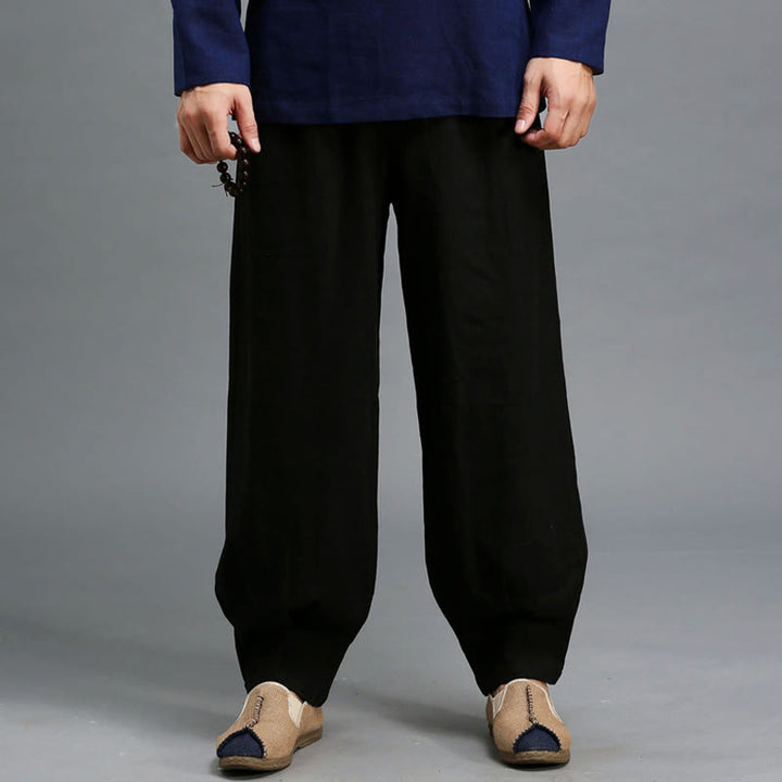 Buddha Stonesカジュアル 無地 伸縮性 ドローストリング ラミー リネン メンズ パンツ ポケット付き - image 19