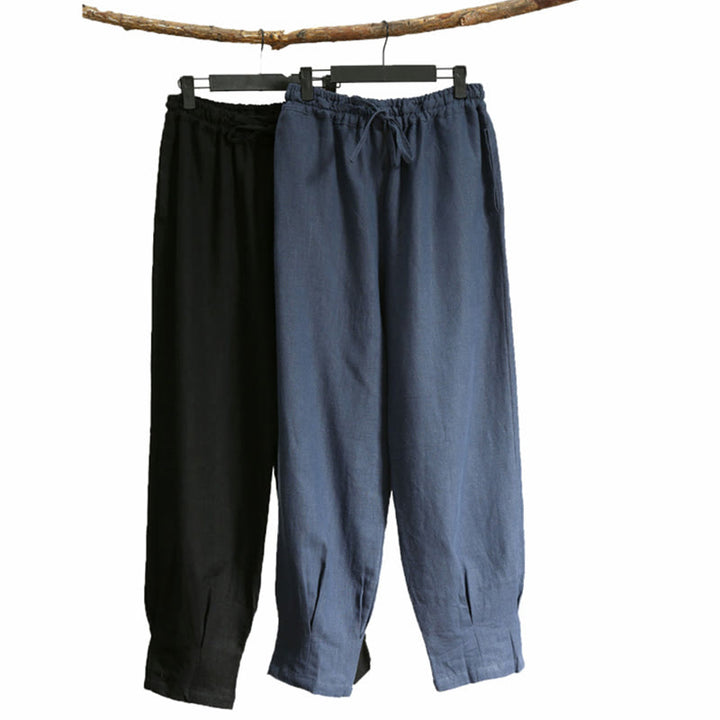 Buddha Stonesカジュアル 無地 伸縮性 ドローストリング ラミー リネン メンズ パンツ ポケット付き - image 1