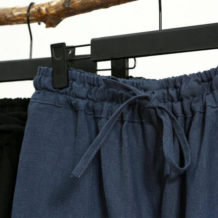 Buddha Stonesカジュアル 無地 伸縮性 ドローストリング ラミー リネン メンズ パンツ ポケット付き - image 22