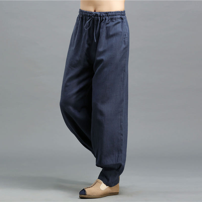 Buddha Stonesカジュアル 無地 伸縮性 ドローストリング ラミー リネン メンズ パンツ ポケット付き - image 8