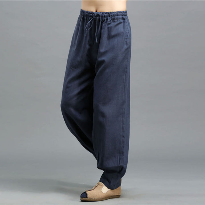 Buddha Stonesカジュアル 無地 伸縮性 ドローストリング ラミー リネン メンズ パンツ ポケット付き - image 8