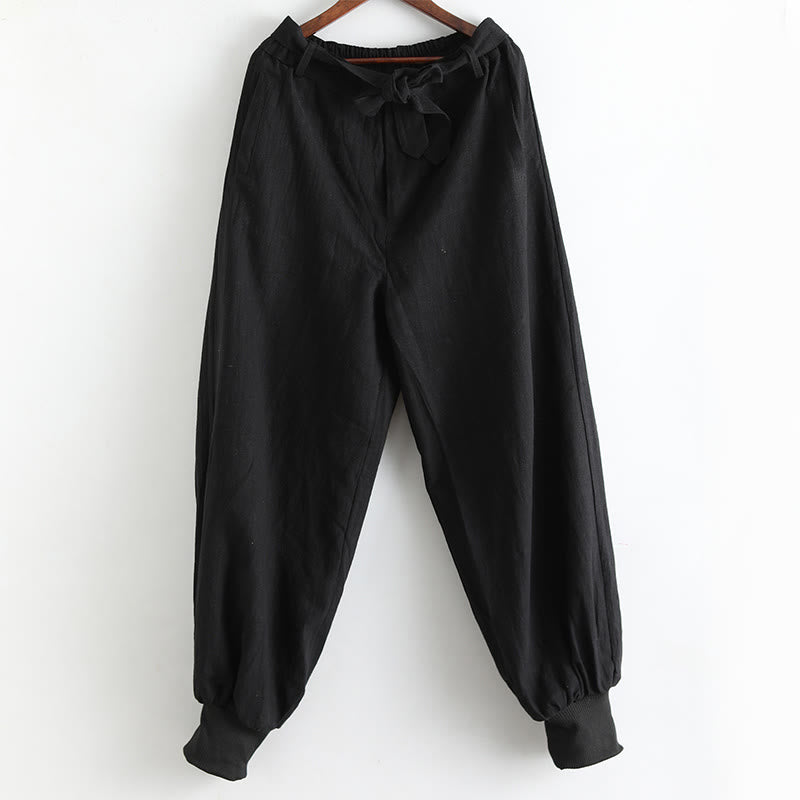 Buddha Stones無地フロントジッパーラミーリネンメンズパンツポケット付き