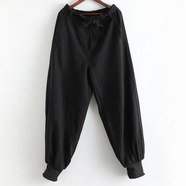 Buddha Stones無地フロントジッパーラミーリネンメンズパンツポケット付き