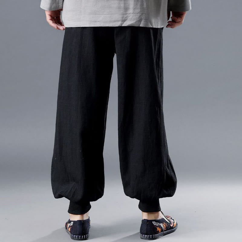 Buddha Stones無地フロントジッパーラミーリネンメンズパンツポケット付き