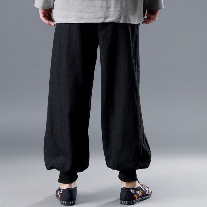 Buddha Stones無地フロントジッパーラミーリネンメンズパンツポケット付き