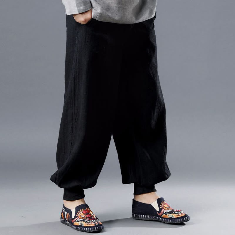 Buddha Stones無地フロントジッパーラミーリネンメンズパンツポケット付き