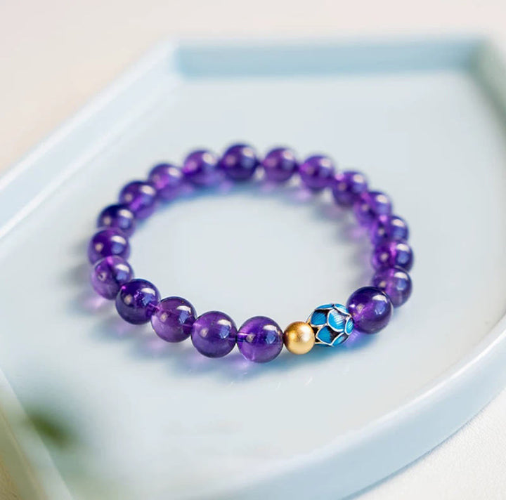 Buddha Stones天然アメジスト 蓮 スピリチュアルな気づきのブレスレット
