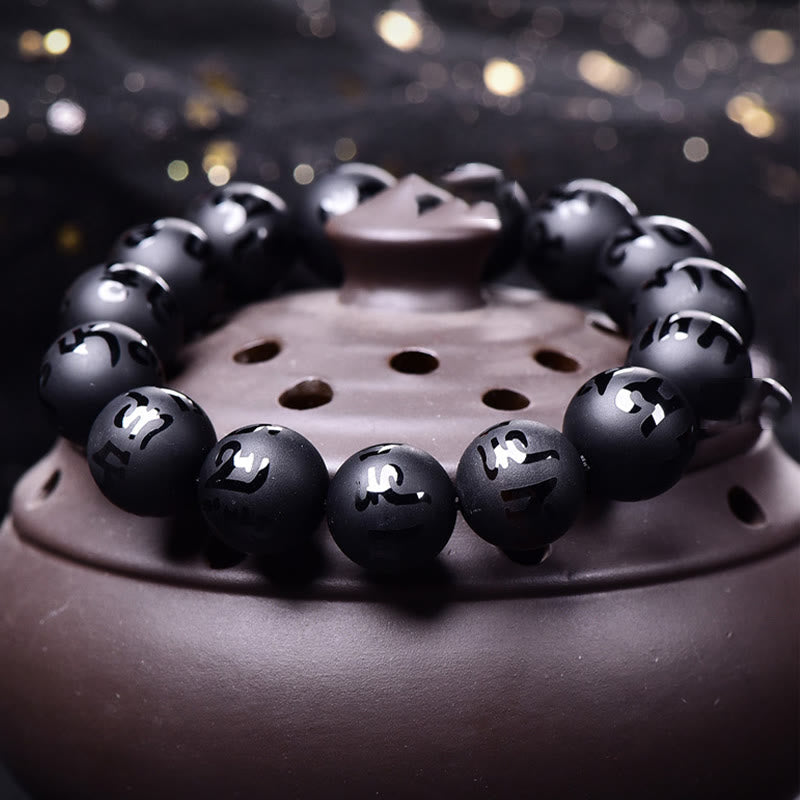 Buddha Stones天然ブラックオニキスオーム・マニ・パドメ・フム彫刻守護ブレスレット
