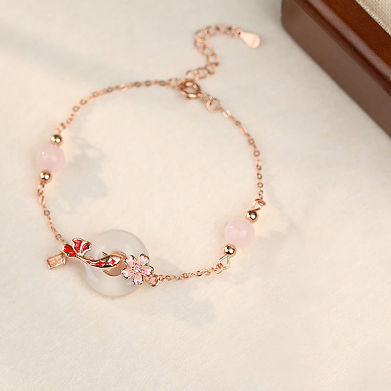 Buddha Stonesカルセドニー ピンククリスタル 925スターリングシルバー 花 鯉平和のお守りチャーム幸運を呼ぶブレスレット