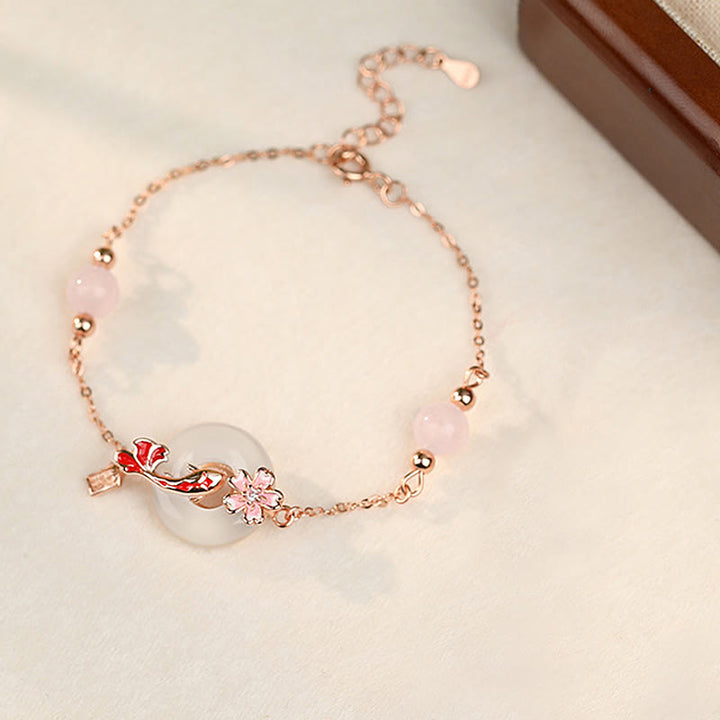 Buddha Stonesカルセドニー ピンククリスタル 925スターリングシルバー 花 鯉平和のお守りチャーム幸運を呼ぶブレスレット