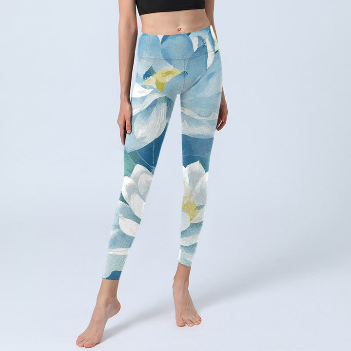 Buddha Stonesブルー ホワイト ロータス プリント ジムレギンス レディース ヨガパンツ - image 6