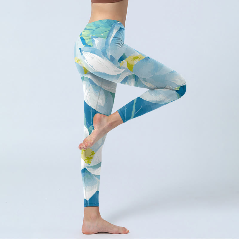 Buddha Stonesブルー ホワイト ロータス プリント ジムレギンス レディース ヨガパンツ - image 4