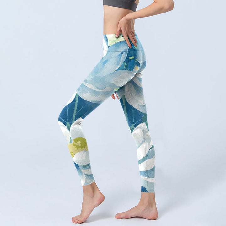 Buddha Stonesブルー ホワイト ロータス プリント ジムレギンス レディース ヨガパンツ - image 3