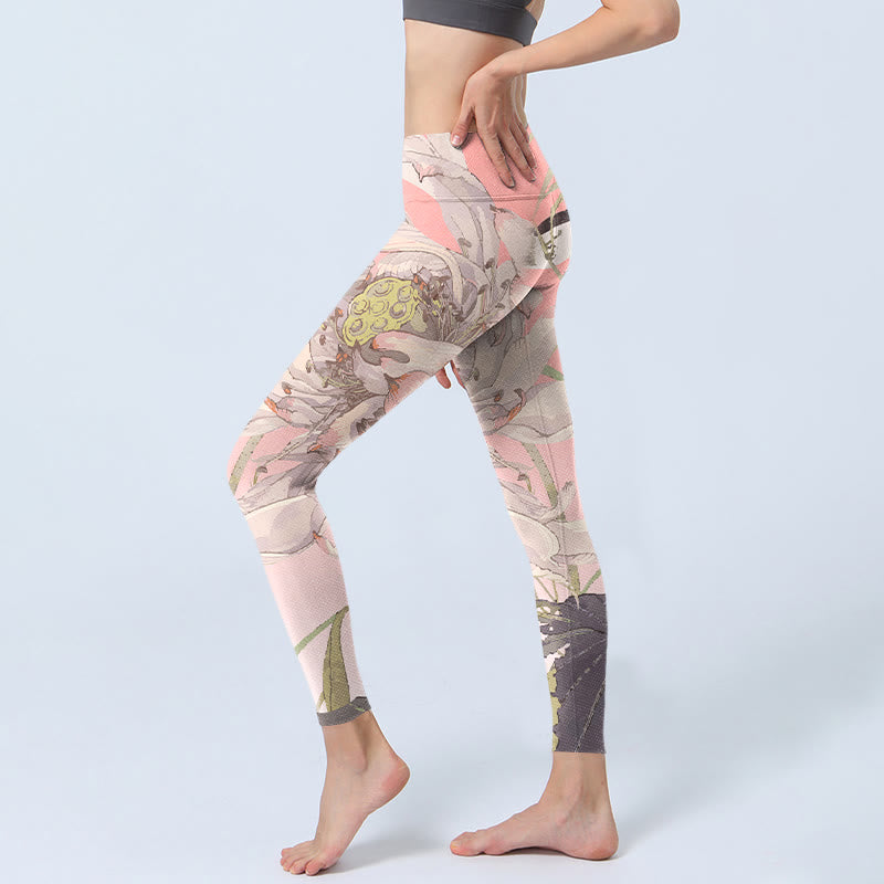 枯れた白い蓮のBuddha Stonesのジムレギンス レディース ヨガパンツ - image 3