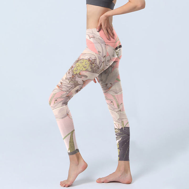 枯れた白い蓮のBuddha Stonesのジムレギンス レディース ヨガパンツ - image 3