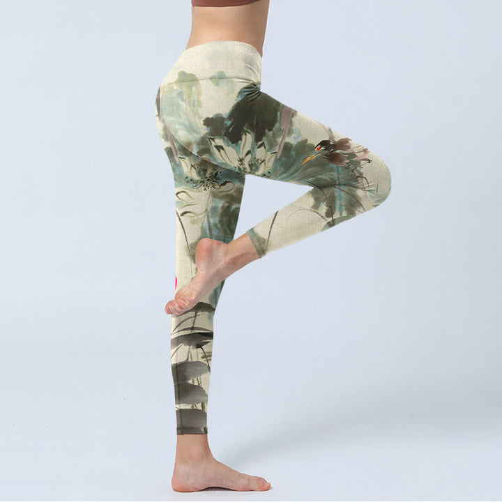 Buddha Stones、蓮、竹の葉プリントのジムレギンス、レディースヨガパンツ - image 4