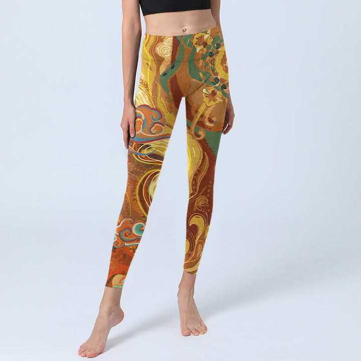 Buddha Stonesと黄金の縁起の良い雲の波模様プリントのジムレギンス レディース ヨガパンツ - image 6