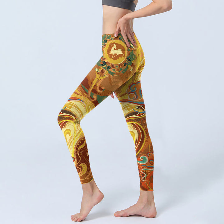 Buddha Stonesと黄金の縁起の良い雲の波模様プリントのジムレギンス レディース ヨガパンツ - image 3