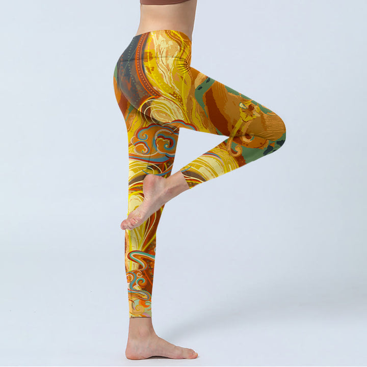 Buddha Stonesと黄金の縁起の良い雲の波模様プリントのジムレギンス レディース ヨガパンツ - image 4