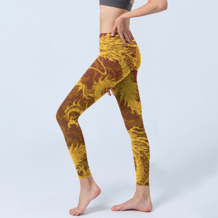 Buddha Stonesと黄金龍の花柄プリントのジムレギンス レディース ヨガパンツ - image 3