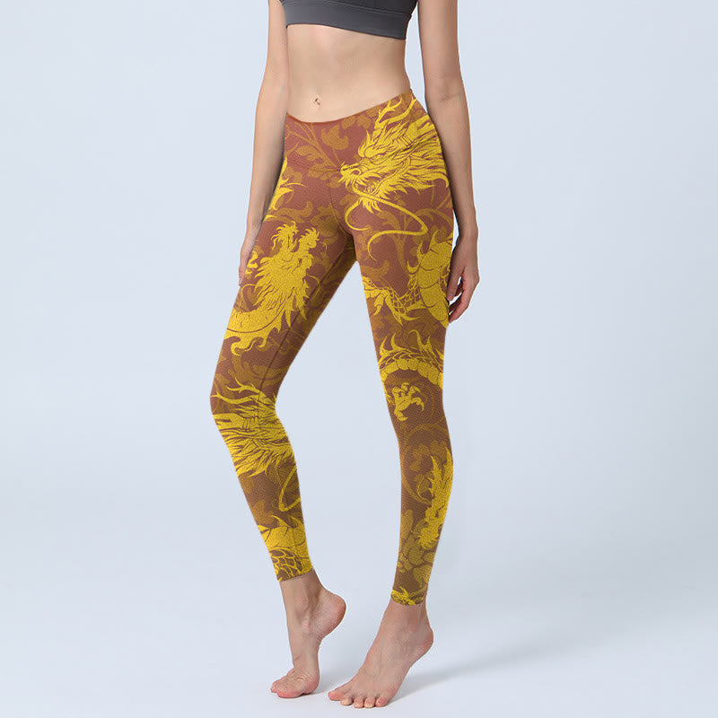 Buddha Stonesと黄金龍の花柄プリントのジムレギンス レディース ヨガパンツ - 金 - US18、 UK/AU22、 EU50 (4XL) - image 1