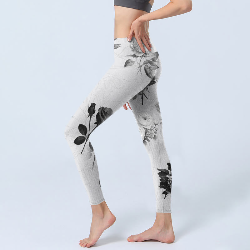 Buddha Stonesブラック ホワイト ローズ ジムレギンス レディース ヨガパンツ - image 3
