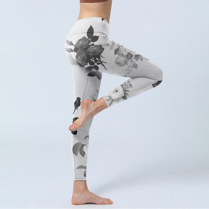 Buddha Stonesブラック ホワイト ローズ ジムレギンス レディース ヨガパンツ - image 4