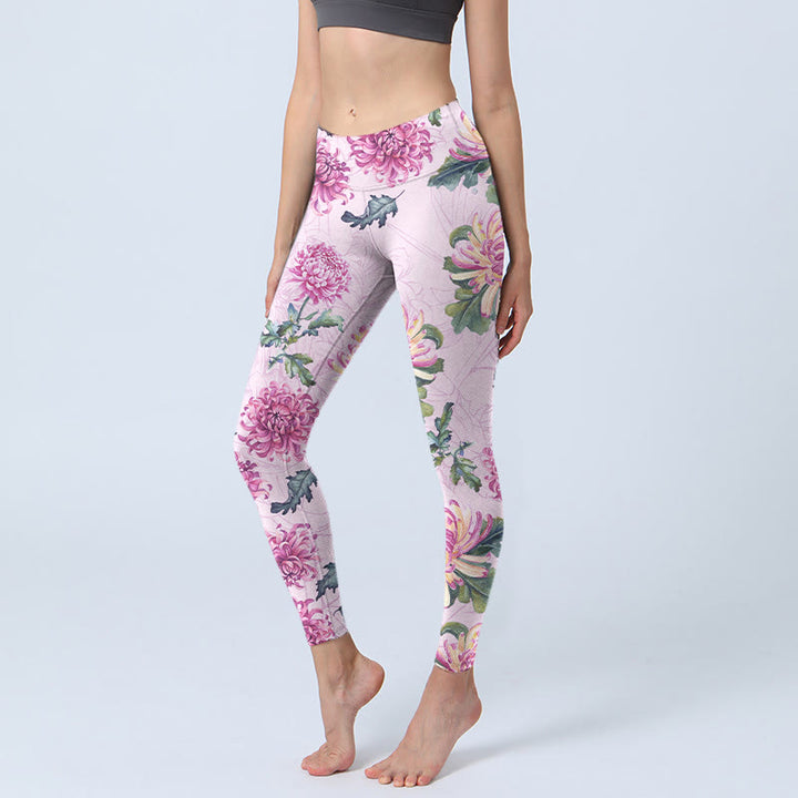 Buddha Stonesピンク 菊柄 ジムレギンス レディース ヨガパンツ - 梅 - US18、 UK/AU22、 EU50 (4XL) - image 1