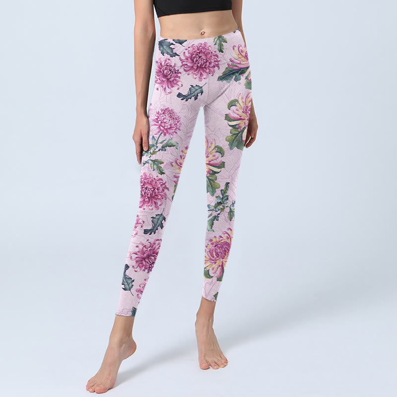 Buddha Stonesピンク 菊柄 ジムレギンス レディース ヨガパンツ - image 6