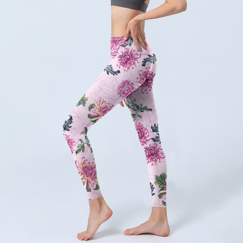 Buddha Stonesピンク 菊柄 ジムレギンス レディース ヨガパンツ - image 3