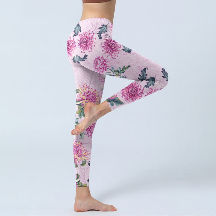 Buddha Stonesピンク 菊柄 ジムレギンス レディース ヨガパンツ - image 4