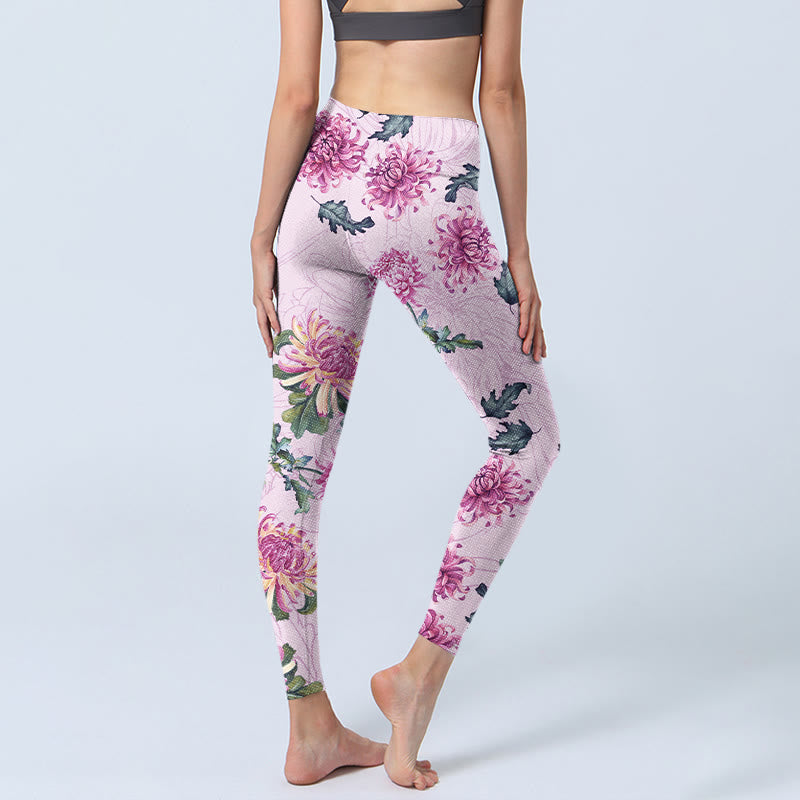 Buddha Stonesピンク 菊柄 ジムレギンス レディース ヨガパンツ - image 5