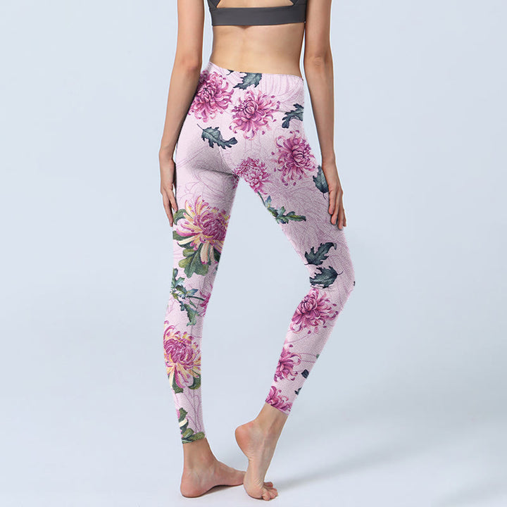 Buddha Stonesピンク 菊柄 ジムレギンス レディース ヨガパンツ - image 5
