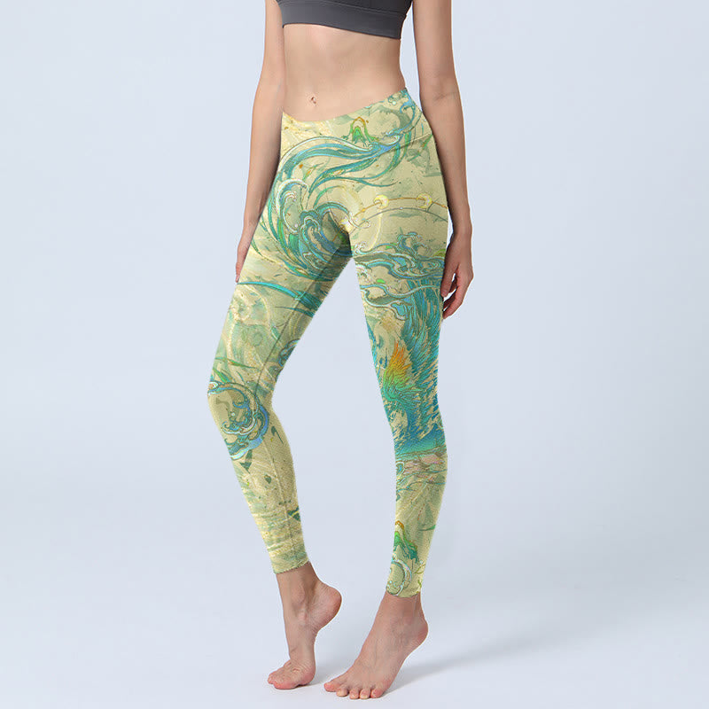 Buddha Stonesブルーグリーン フェニックス ジムレギンス レディース ヨガパンツ - グリーンイエロー - US18、 UK/AU22、 EU50 (4XL) - image 1