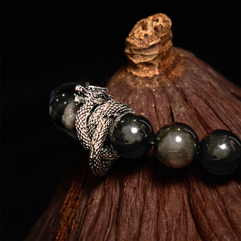 Buddha Stonesシルバーシーンオブシディアンドラゴン守護ブレスレット