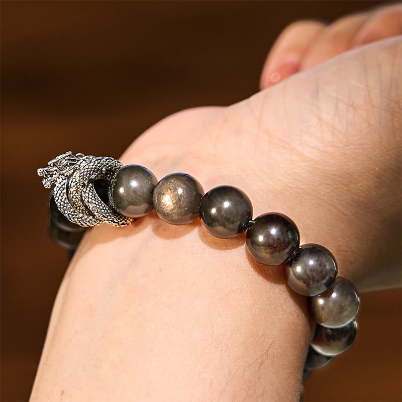Buddha Stonesシルバーシーンオブシディアンドラゴン守護ブレスレット