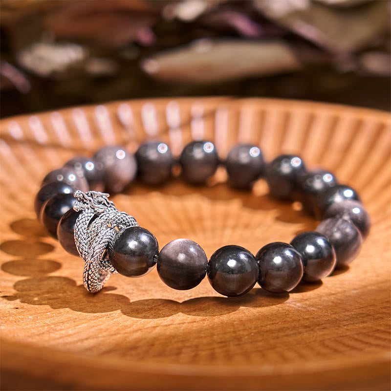 Buddha Stonesシルバーシーンオブシディアンドラゴン守護ブレスレット