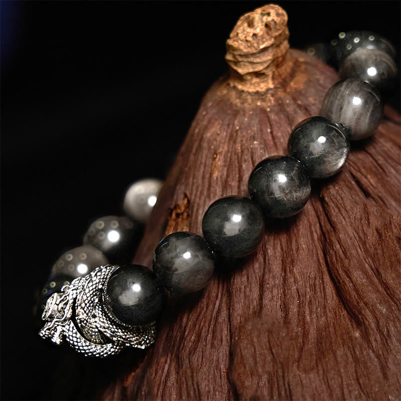 Buddha Stonesシルバーシーンオブシディアンドラゴン守護ブレスレット