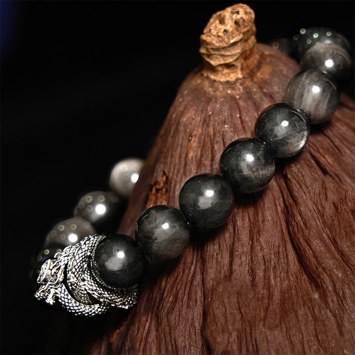 Buddha Stonesシルバーシーンオブシディアンドラゴン守護ブレスレット